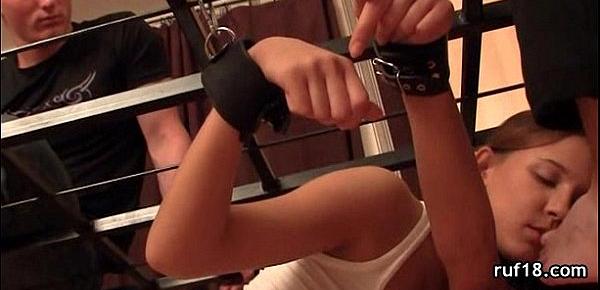  cute teen with tied hands loses her ball gag to take dick in her mouth